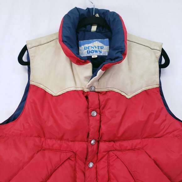 Vintage Denver Down Multicolor Leather n Nylon Puff Jacket Vest Goose Down Fill - Picture 2 of 16